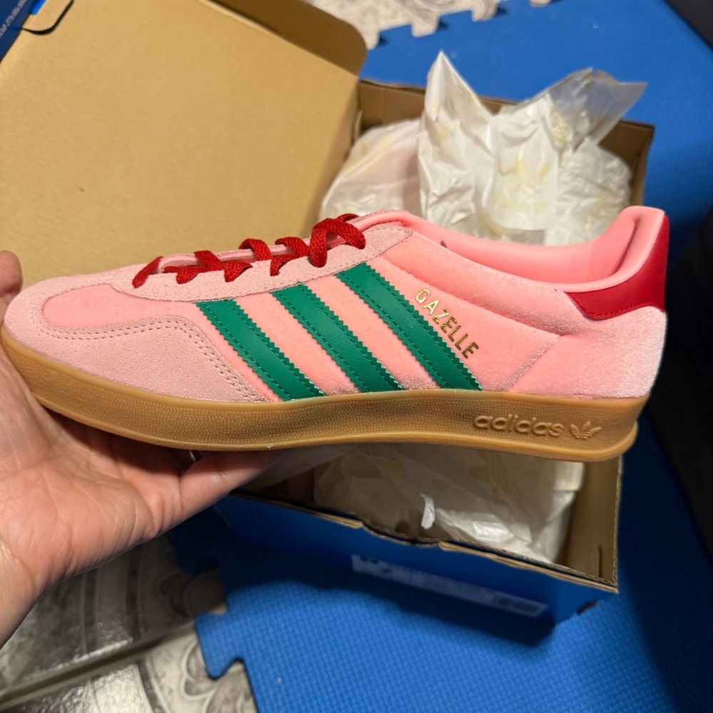 Women Adidas Gazelle Pink with Red and Green Accents size 7